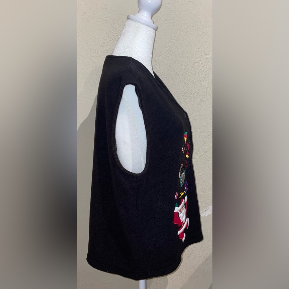 Bechamel Vintage Women’s Size L Christmas Black Fleece Vest Ugly Sweater Santa - Picture 7 of 11